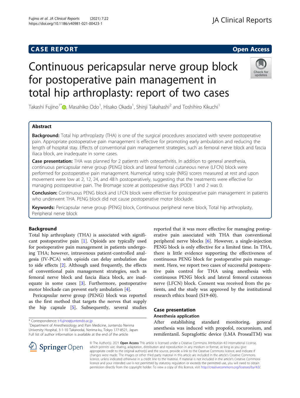 Continuous Pericapsular Nerve Group Block for Postoperative Pain