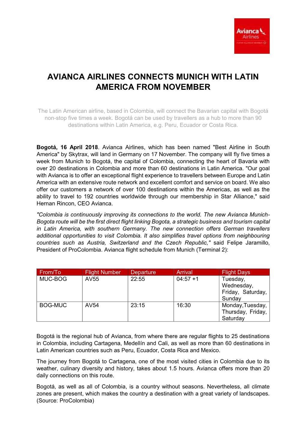 Avianca Airlines Connects Munich with Latin America from November