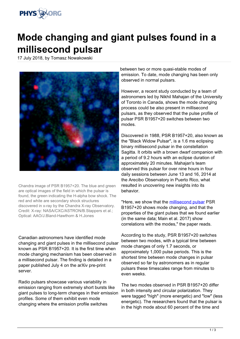 Mode Changing and Giant Pulses Found in a Millisecond Pulsar 17 July 2018, by Tomasz Nowakowski