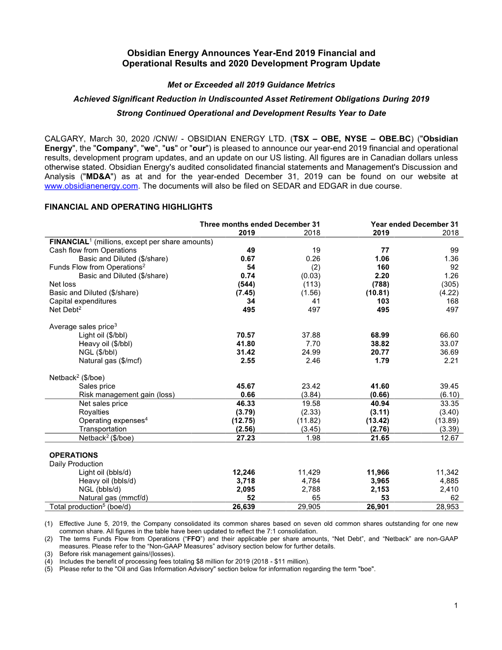 Obsidian Energy Ltd--Obsidian Energy Announces Year-End 2019