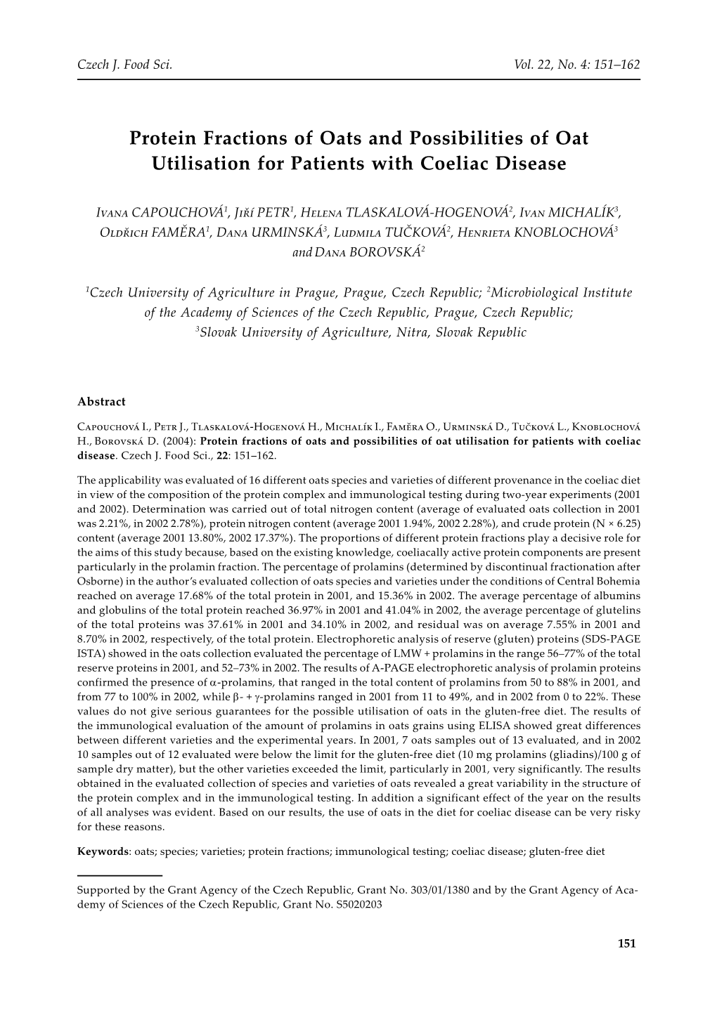 Protein Fractions of Oats and Possibilities of Oat Utilisation for Patients with Coeliac Disease