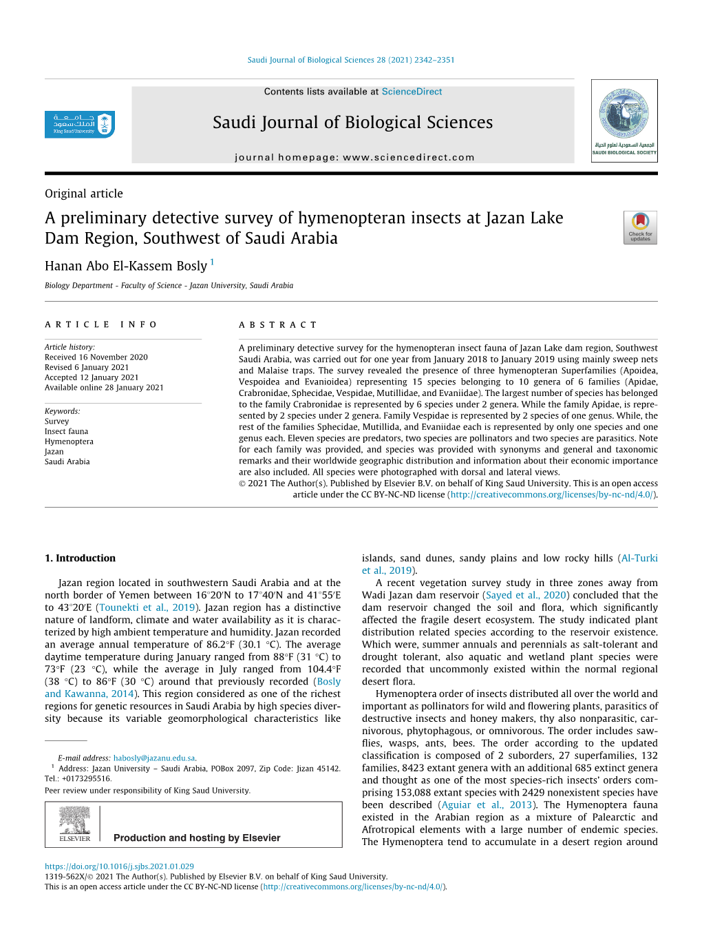 A Preliminary Detective Survey of Hymenopteran Insects at Jazan Lake Dam Region, Southwest of Saudi Arabia