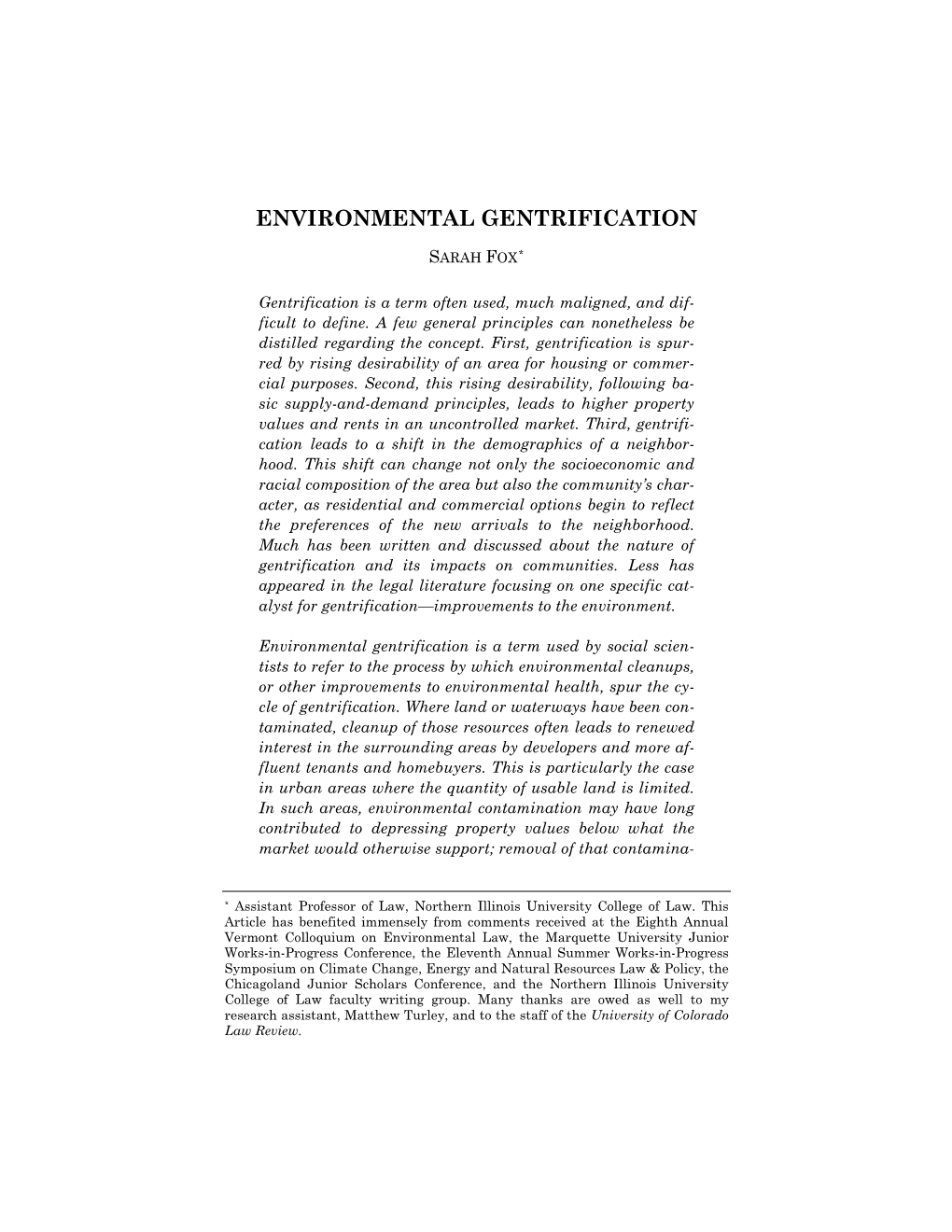 Sarah Fox, Environmental Gentrification