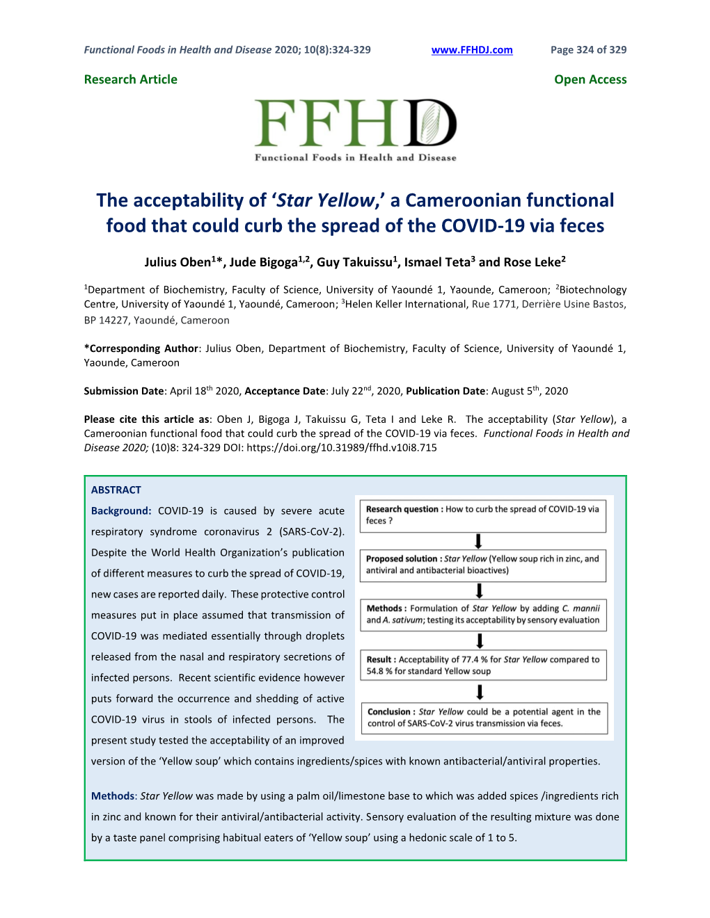 A Cameroonian Functional Food That Could Curb the Spread of the COVID-19 Via Feces