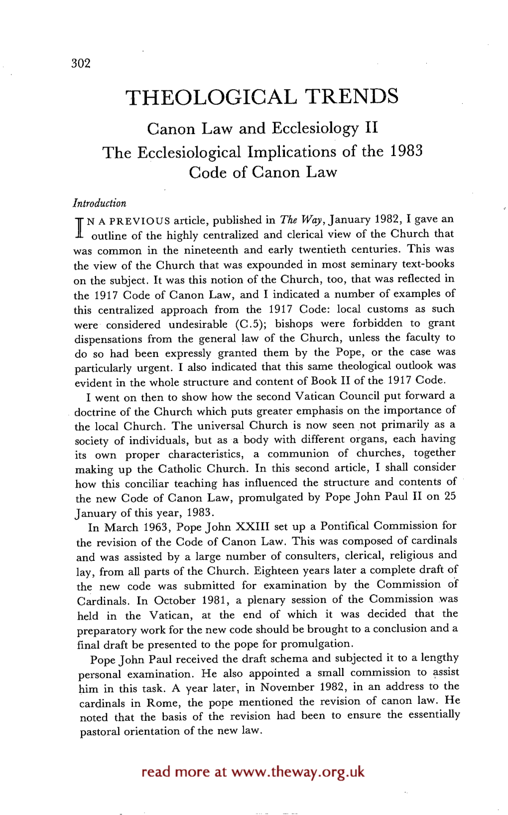 Canon Law and Ecclesiology II the Ecclesiological Implications of the 1983 Code of Canon Law