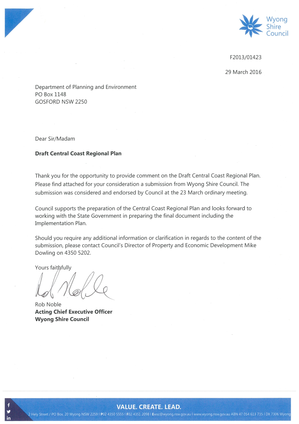 Wyong Shire Council Submission in Response to the Central Coast Regional Plan