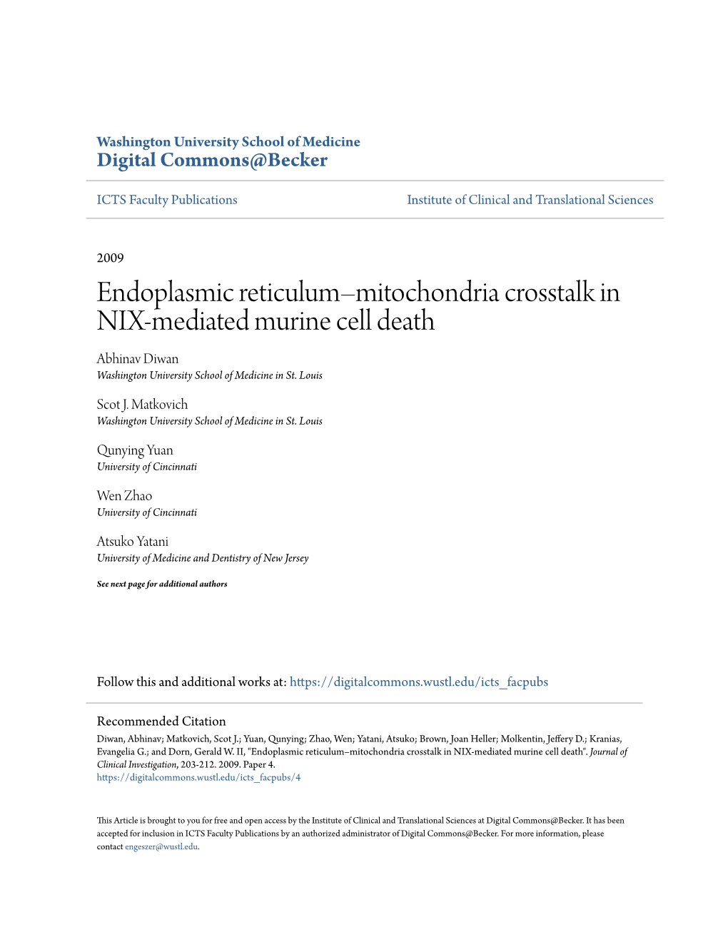 Endoplasmic Reticulum–Mitochondria Crosstalk in NIX-Mediated Murine Cell Death Abhinav Diwan Washington University School of Medicine in St