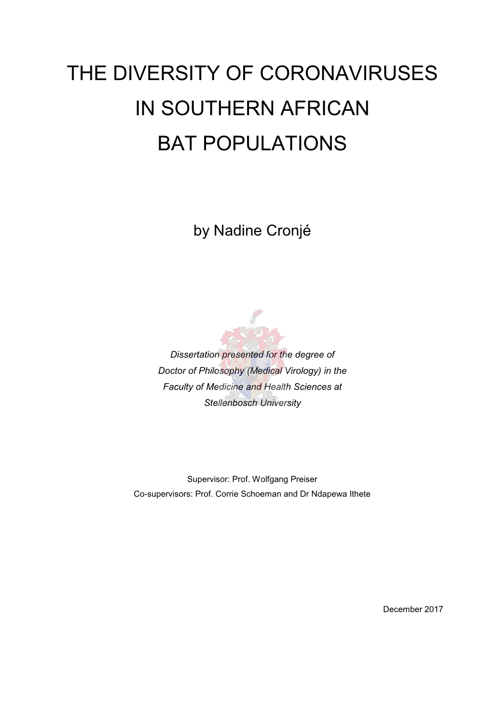 The Diversity of Coronaviruses in Southern African Bat Populations