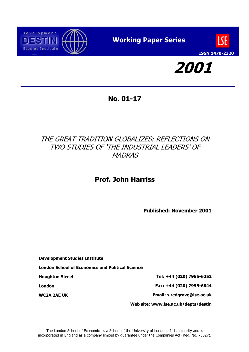 The Great Tradition Globalizes: Reflections on Two Studies of ‘The Industrial Leaders’ of Madras