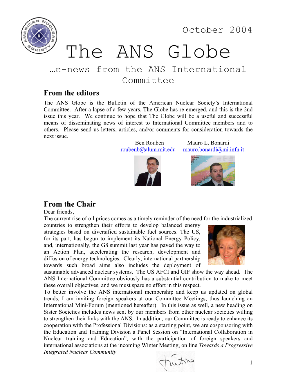 The ANS Globe …E-News from the ANS International Committee from the Editors the ANS Globe Is the Bulletin of the American Nuclear Society’S International Committee