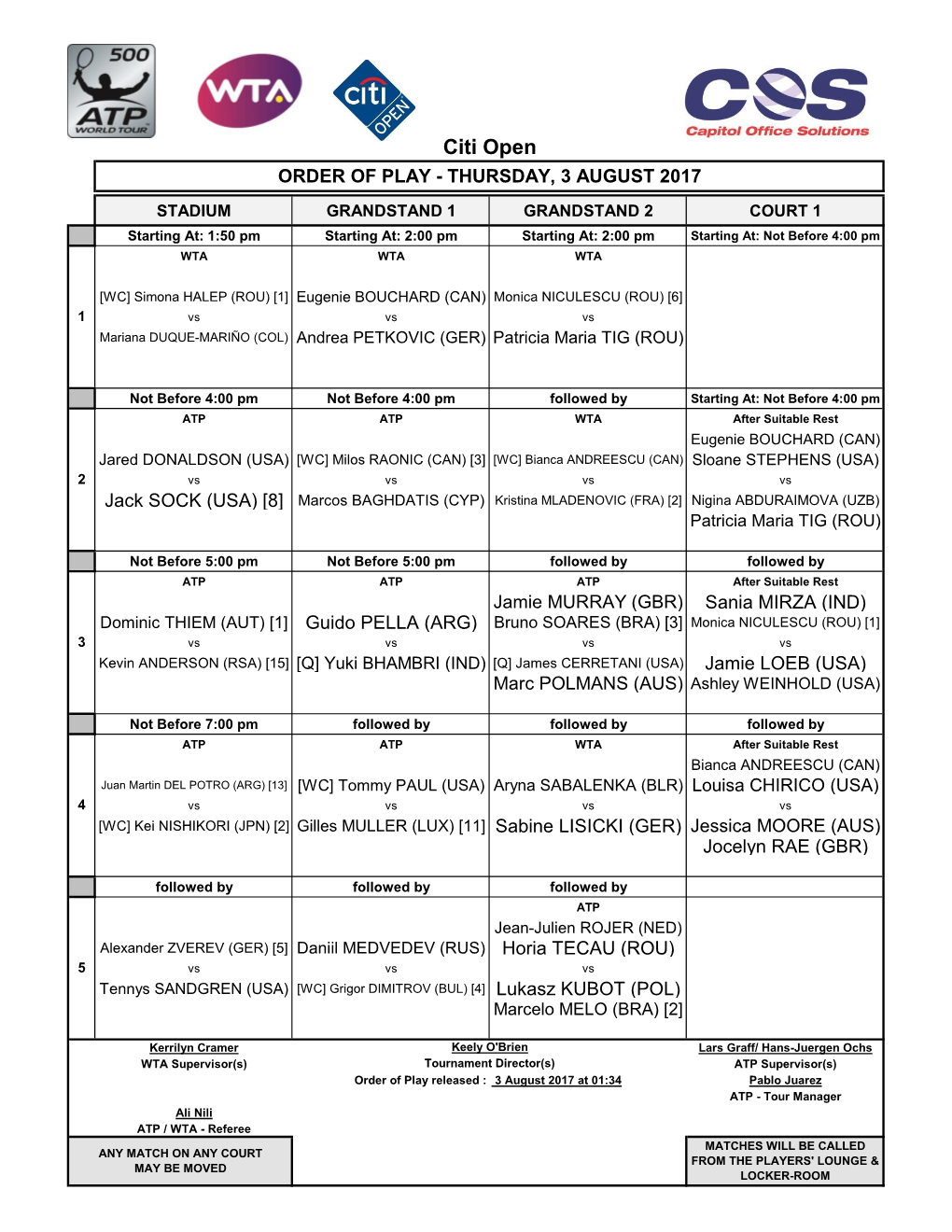 Citi Open ORDER of PLAY - THURSDAY, 3 AUGUST 2017