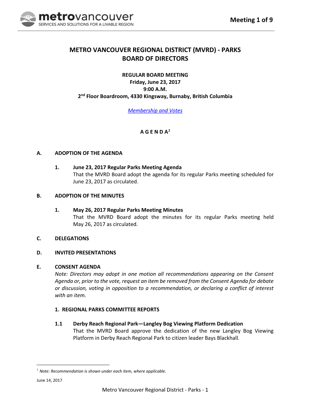 MVRD Parks Board Meeting Agenda