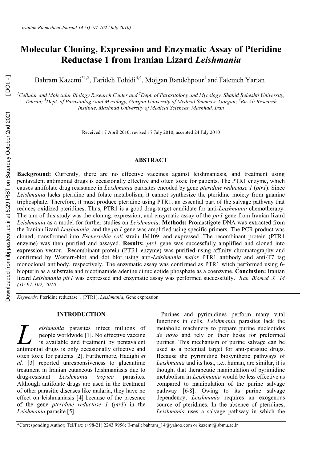 Molecular Cloning, Expression and Enzymatic Assay of Pteridine Reductase 1 from Iranian Lizard Leishmania