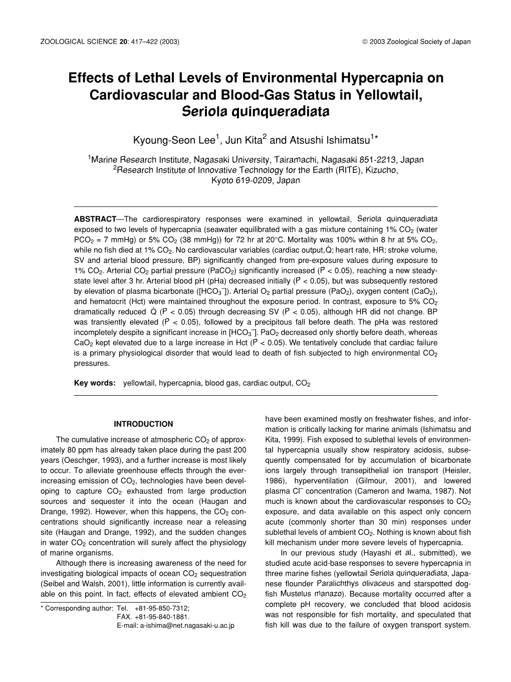 Effects of Lethal Levels of Environmental Hypercapnia on Cardiovascular and Blood-Gas Status in Yellowtail, Seriola Quinqueradiata