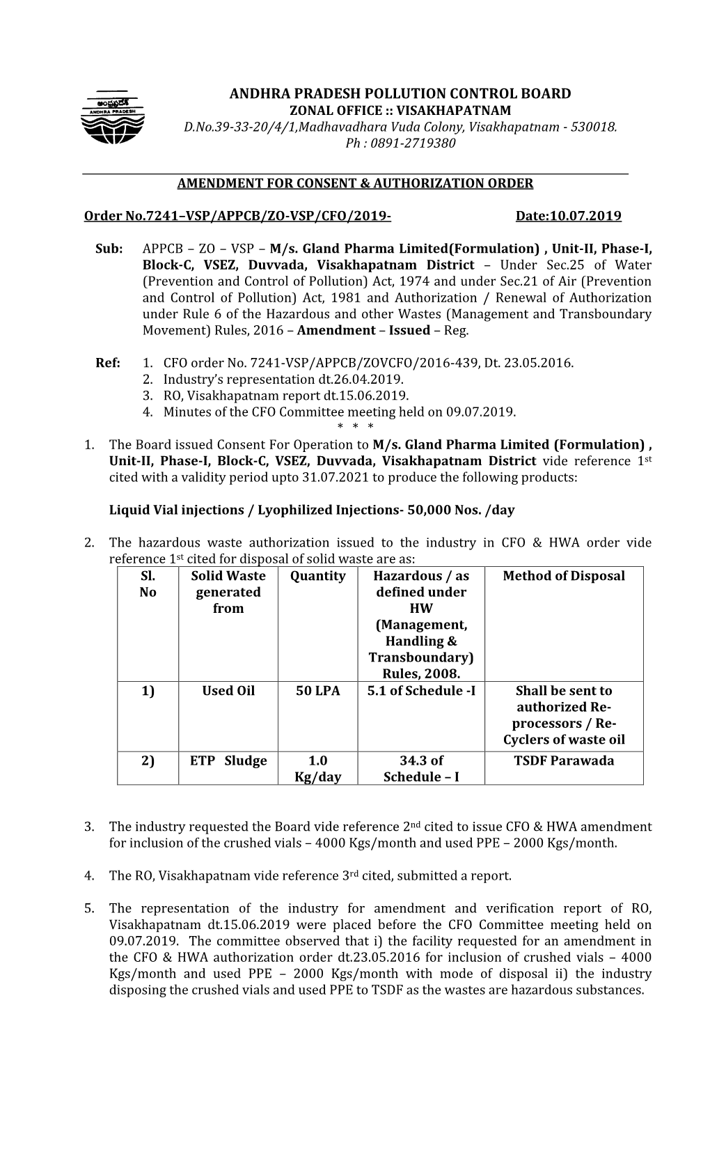 ANDHRA PRADESH POLLUTION CONTROL BOARD ZONAL OFFICE :: VISAKHAPATNAM D.No.39-33-20/4/1,Madhavadhara Vuda Colony, Visakhapatnam - 530018