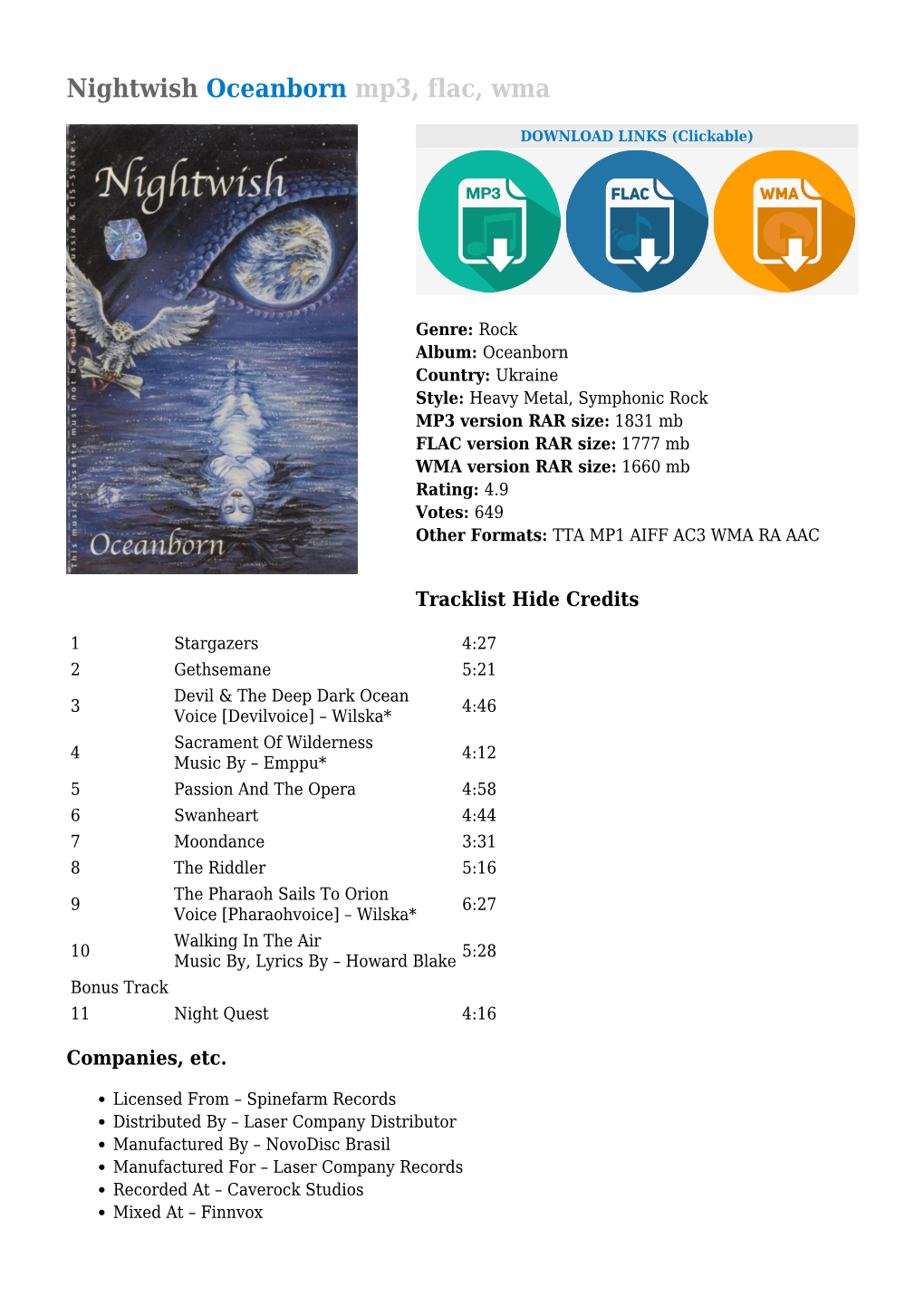 Nightwish Oceanborn Mp3, Flac, Wma