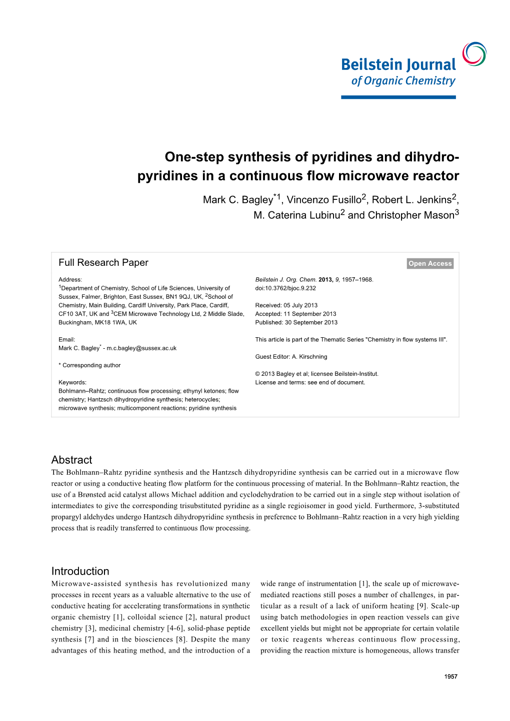 One-Step Synthesis of Pyridines and Dihydro- Pyridines in a Continuous Flow Microwave Reactor