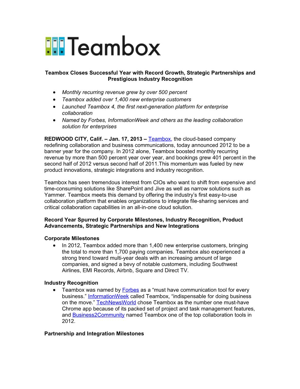 Teambox Closes Successful Year with Record Growth, Strategic Partnerships and Prestigious