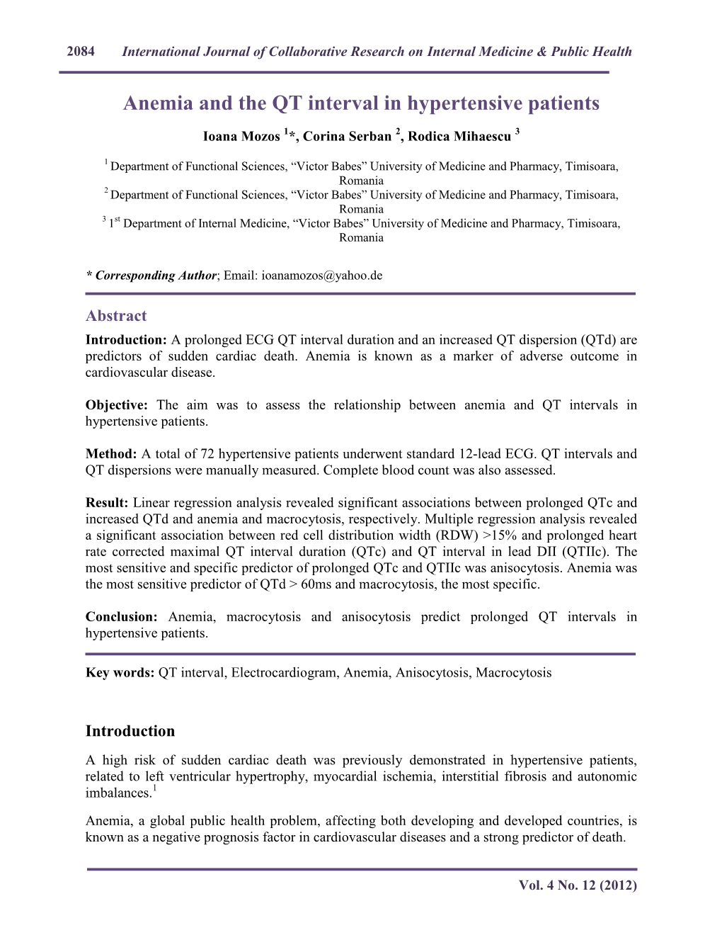 Anemia and the QT Interval in Hypertensive Patients