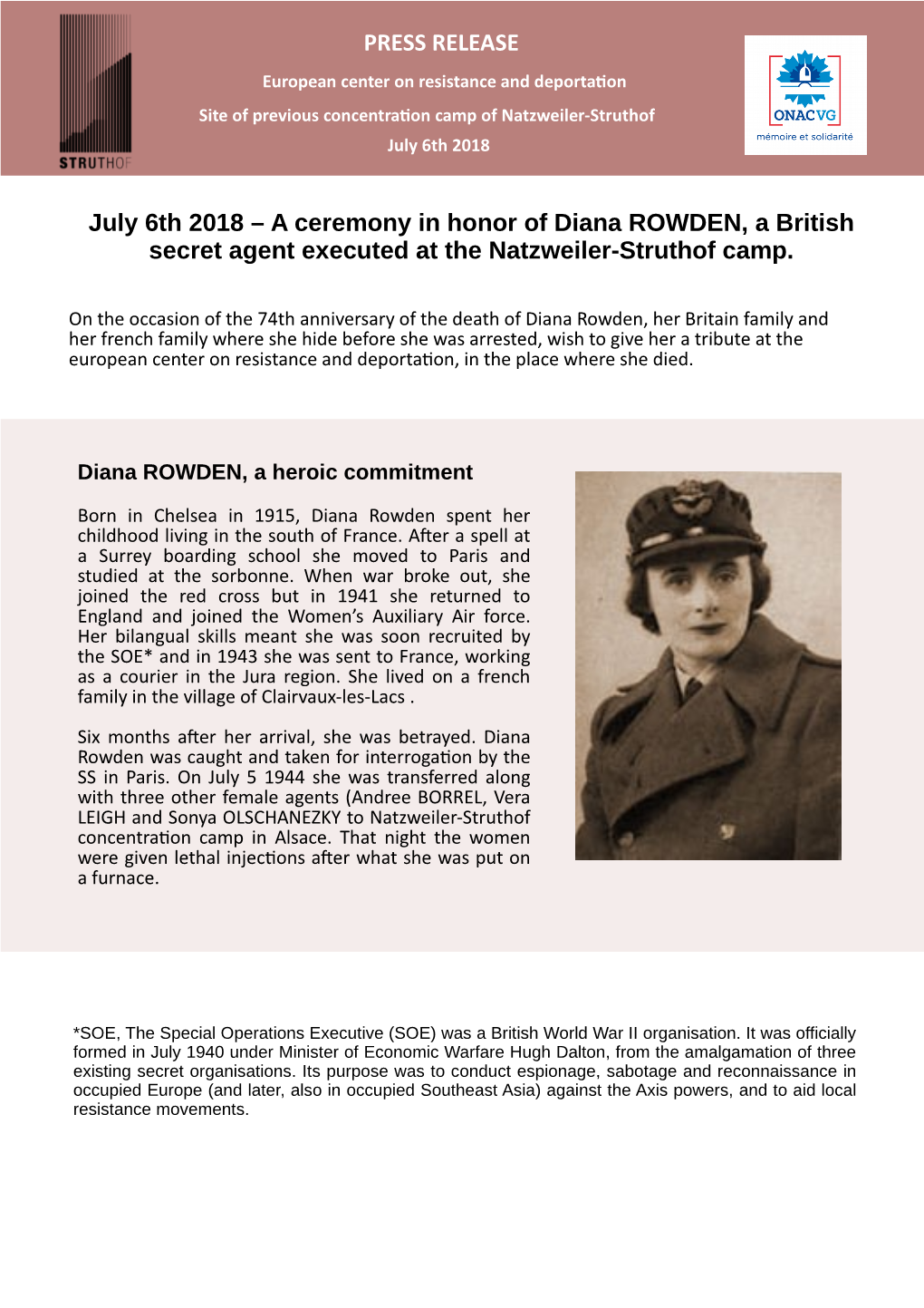 Ceremony in Honor of Diana ROWDEN, a British Secret Agent Executed at the Natzweiler-Struthof Camp
