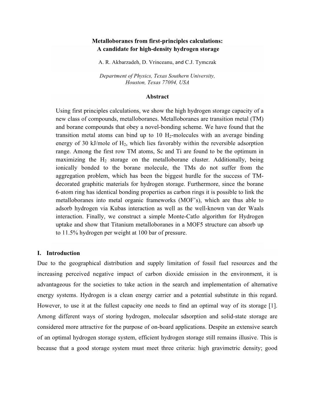 Metalloboranes from First-Principles Calculations: a Candidate for High-Density Hydrogen Storage