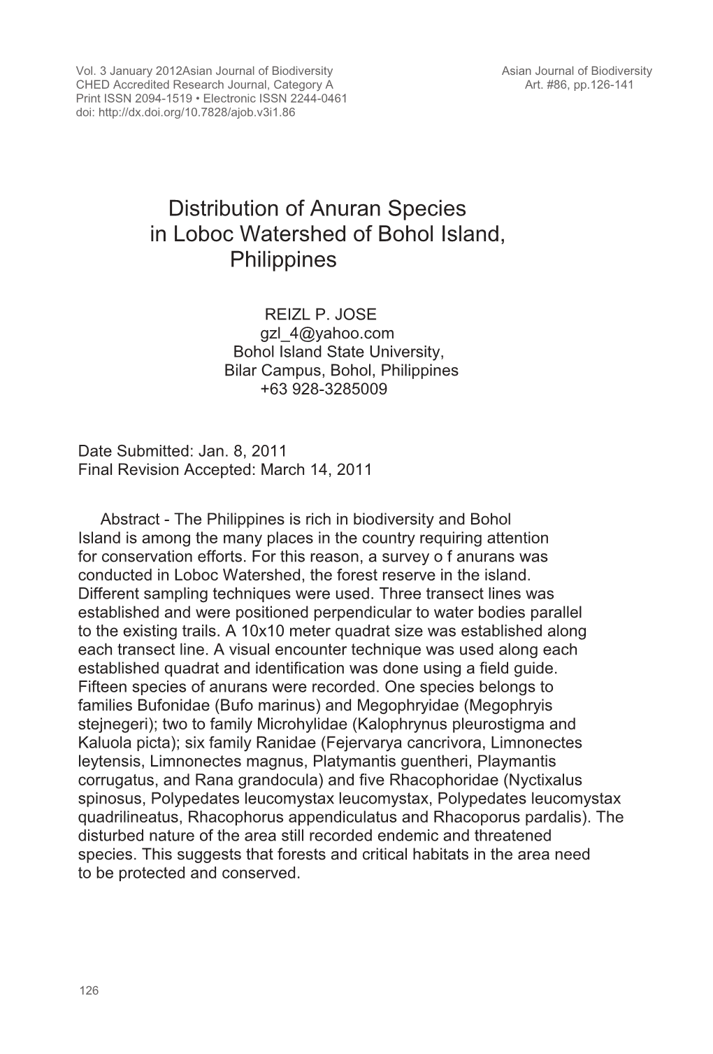 Distribution of Anuran Species in Loboc Watershed of Bohol Island, Philippines