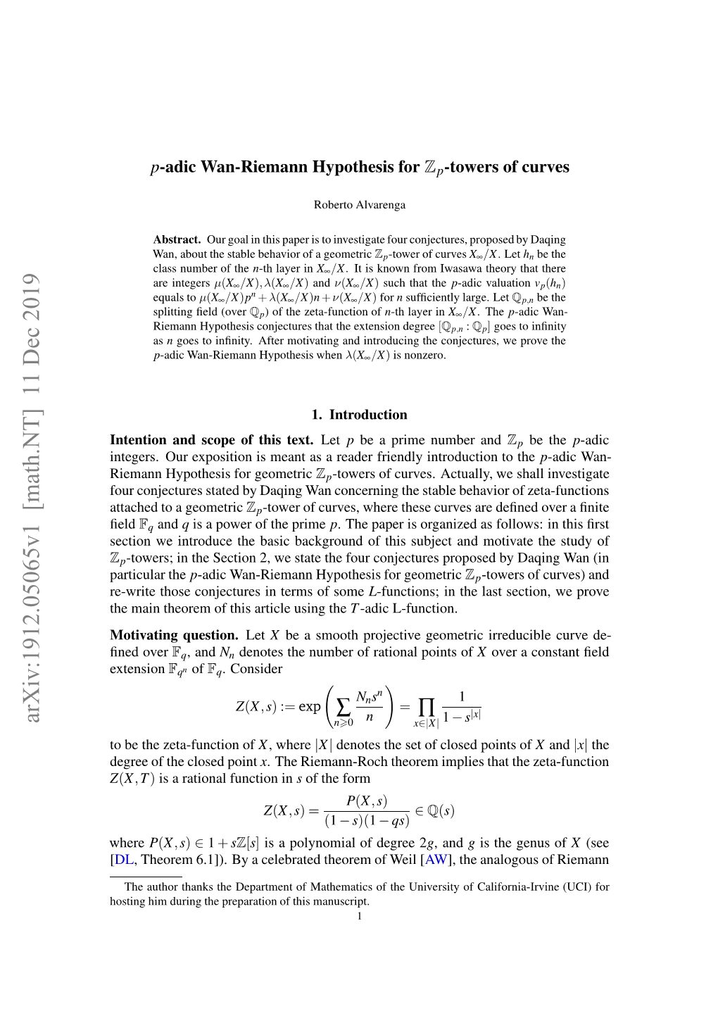 $ P $-Adic Wan-Riemann Hypothesis for $\Mathbb {Z} P $-Towers of Curves