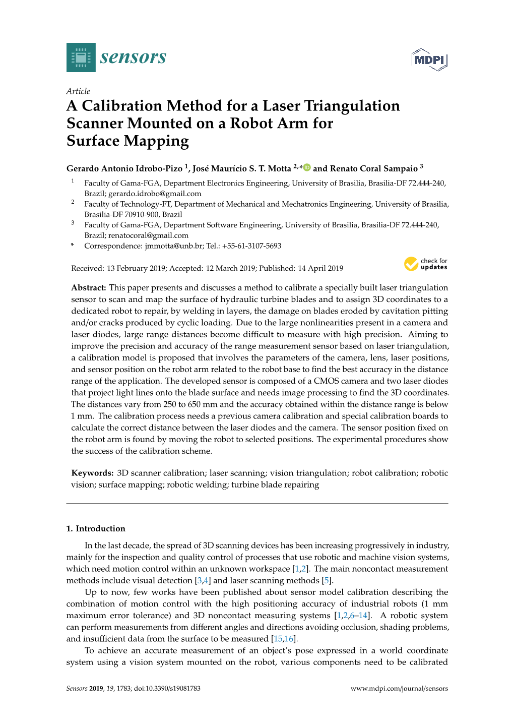 A Calibration Method for a Laser Triangulation Scanner Mounted on a Robot Arm for Surface Mapping