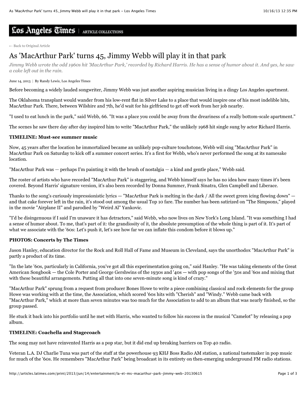 As 'Macarthur Park' Turns 45, Jimmy Webb Will Play It in That Park - Los Angeles Times 10/16/13 12:35 PM