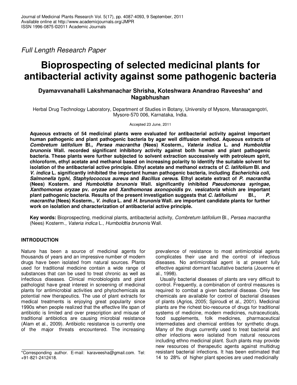 Bioprospecting of Selected Medicinal Plants for Antibacterial Activity Against Some Pathogenic Bacteria