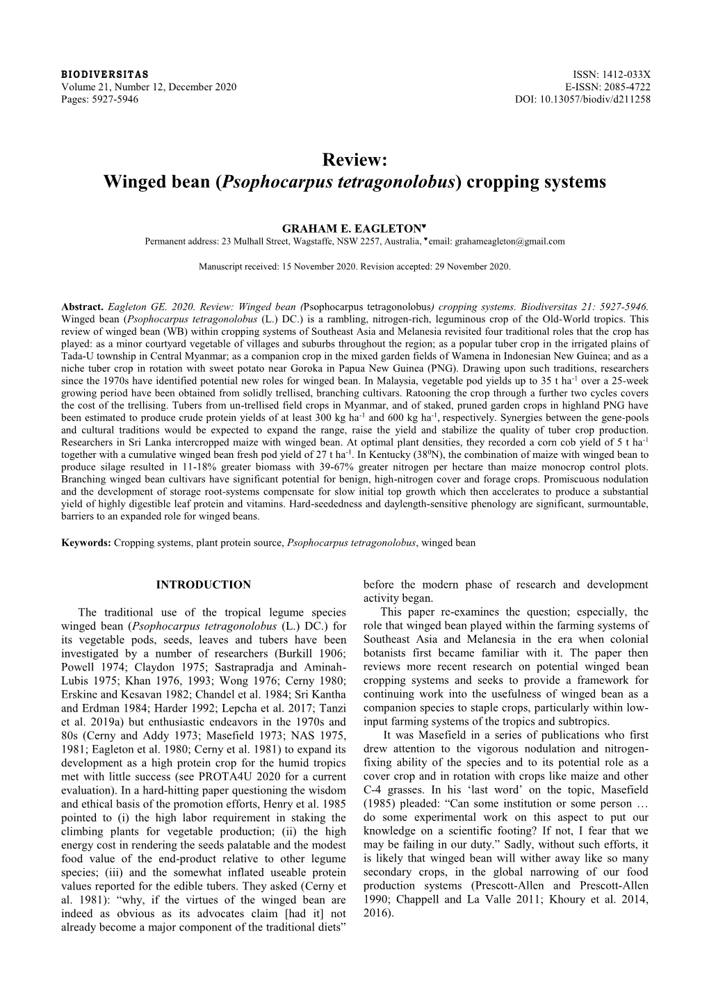 Review: Winged Bean (Psophocarpus Tetragonolobus) Cropping Systems