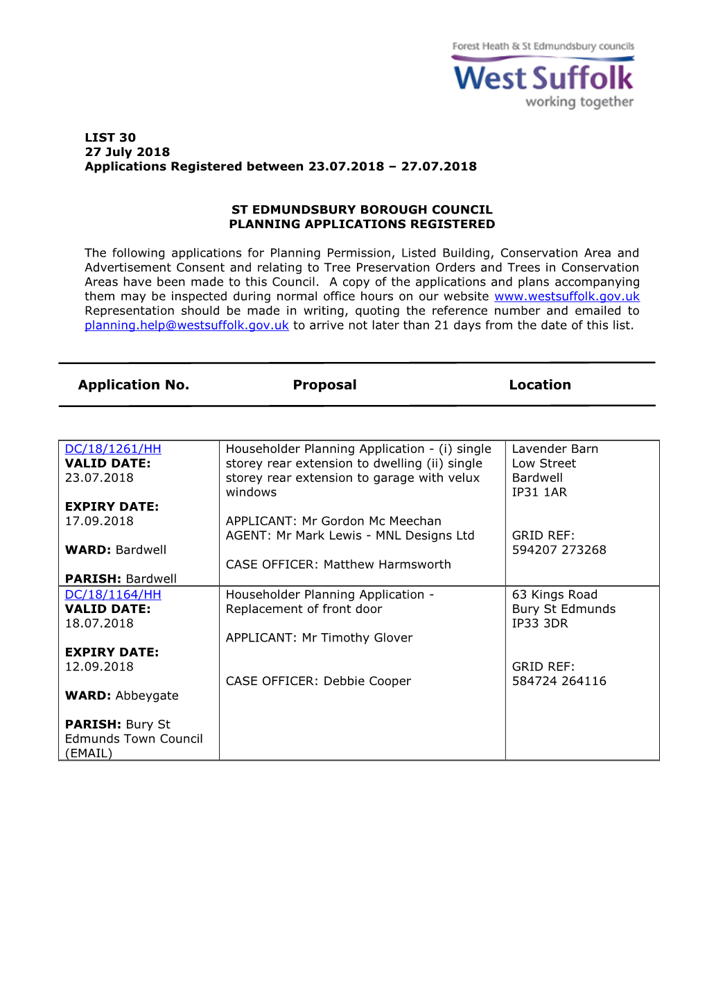 SEBC Planning Applications 30/18