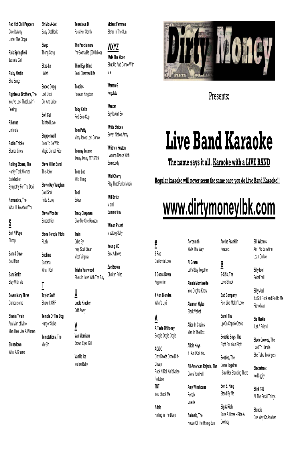 Live Band Karaoke I Wanna Dance with Jenny Jenny 867-5309 Rolling Stones, the Steve Miller Band Somebody the Name Says It All