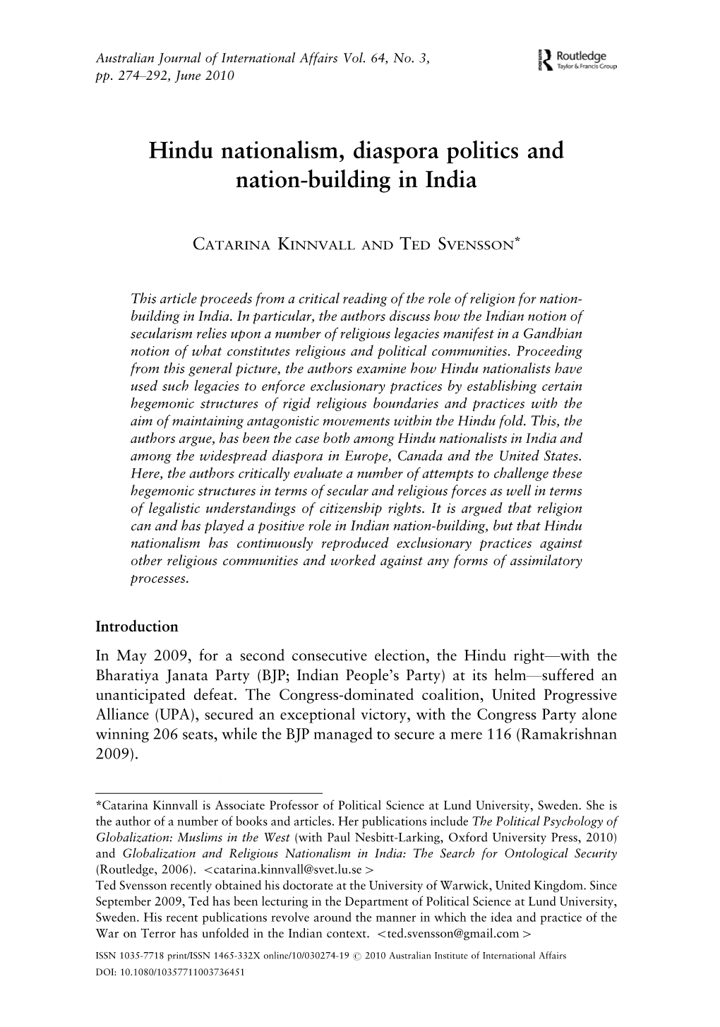 Hindu Nationalism, Diaspora Politics and Nation-Building in India