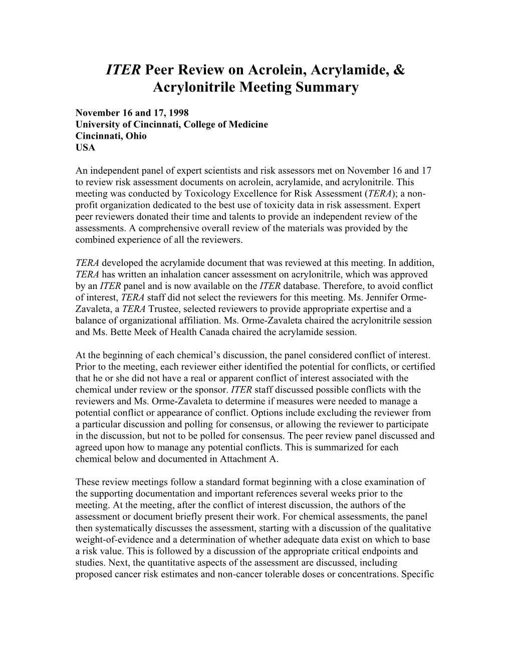 ITER Peer Review on Acrolein, Acrylamide, & Acrylonitrile Meeting