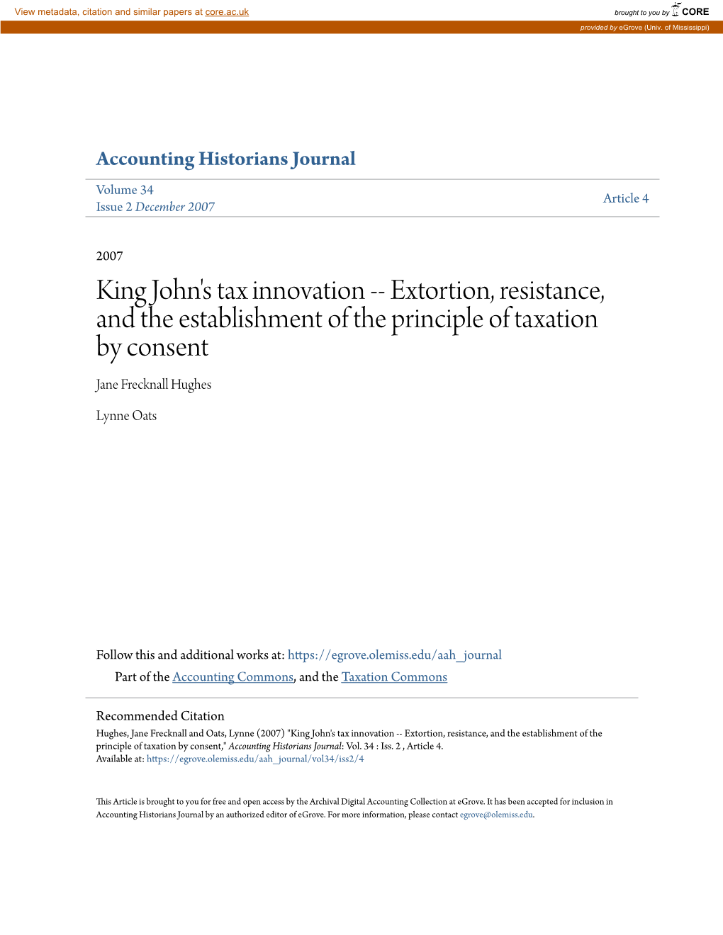 King John's Tax Innovation -- Extortion, Resistance, and the Establishment of the Principle of Taxation by Consent Jane Frecknall Hughes