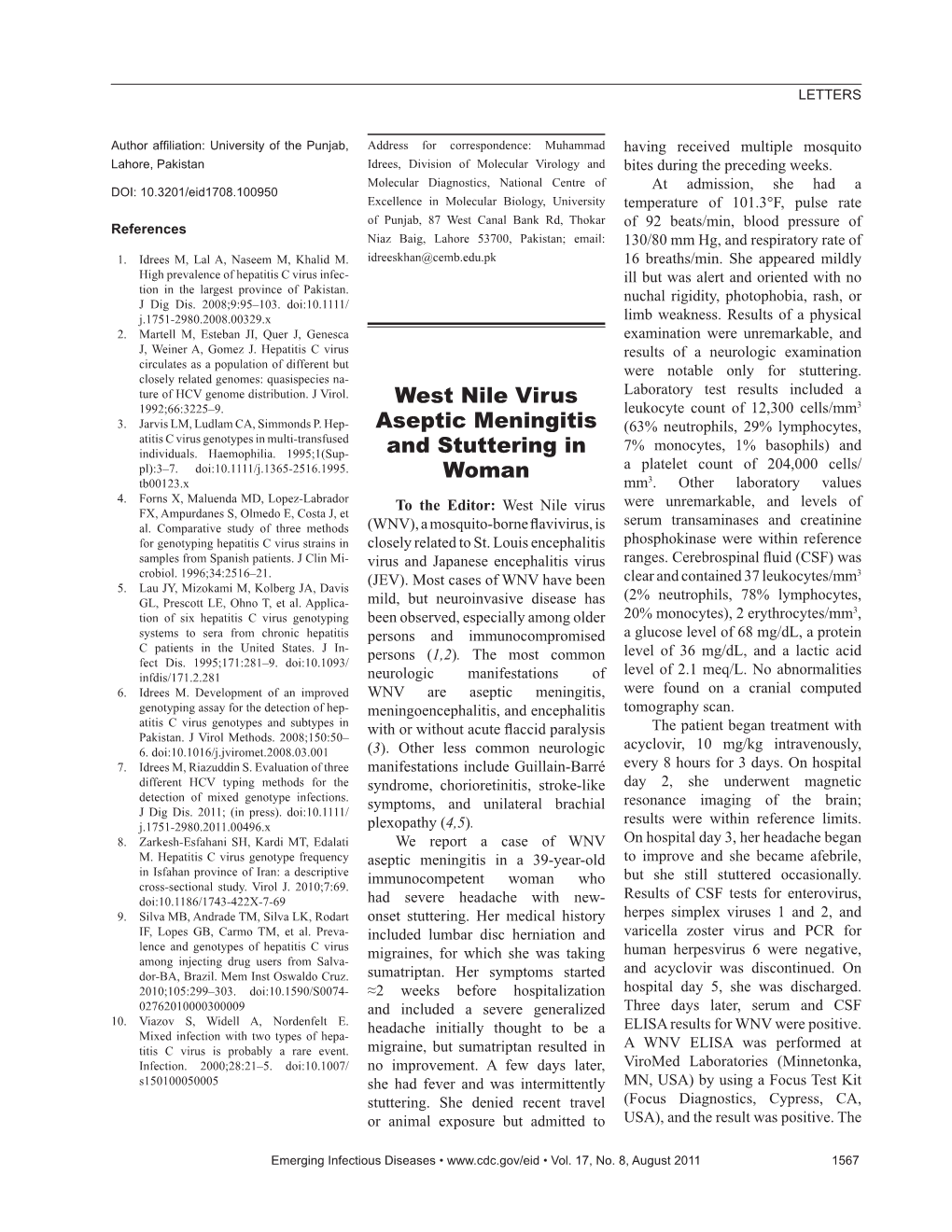 West Nile Virus Aseptic Meningitis and Stuttering in Woman