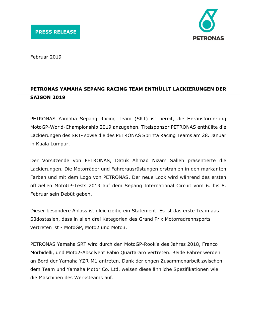 PRESS RELEASE Februar 2019 PETRONAS YAMAHA SEPANG