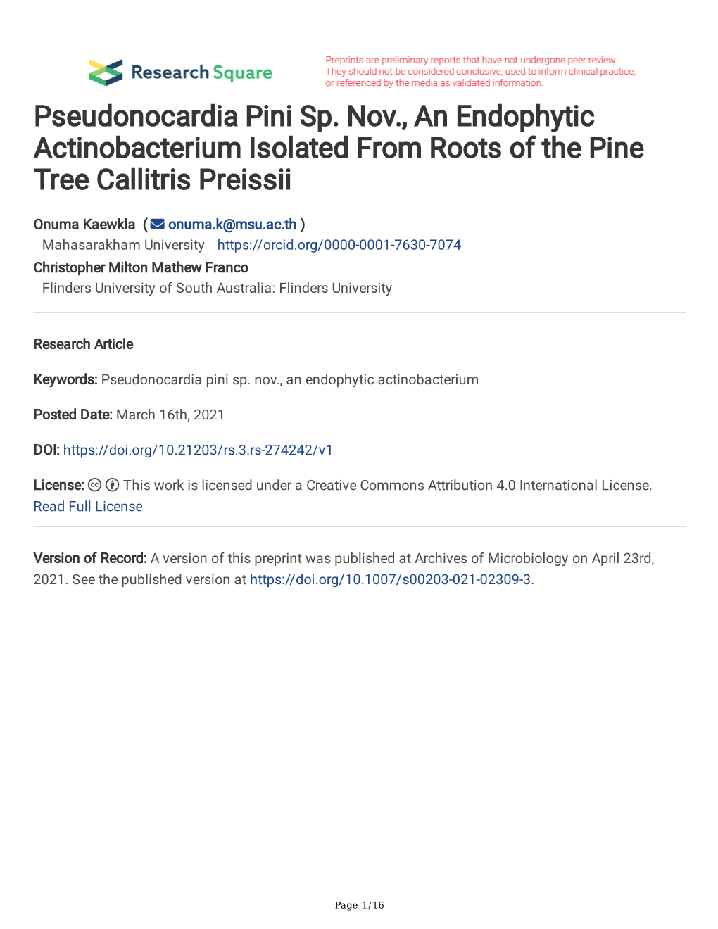 Pseudonocardia Pini Sp. Nov., an Endophytic Actinobacterium Isolated from Roots of the Pine Tree Callitris Preissii