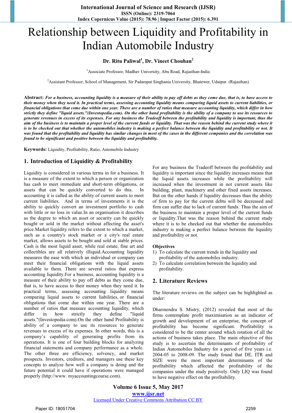 Relationship Between Liquidity and Profitability in Indian Automobile Industry