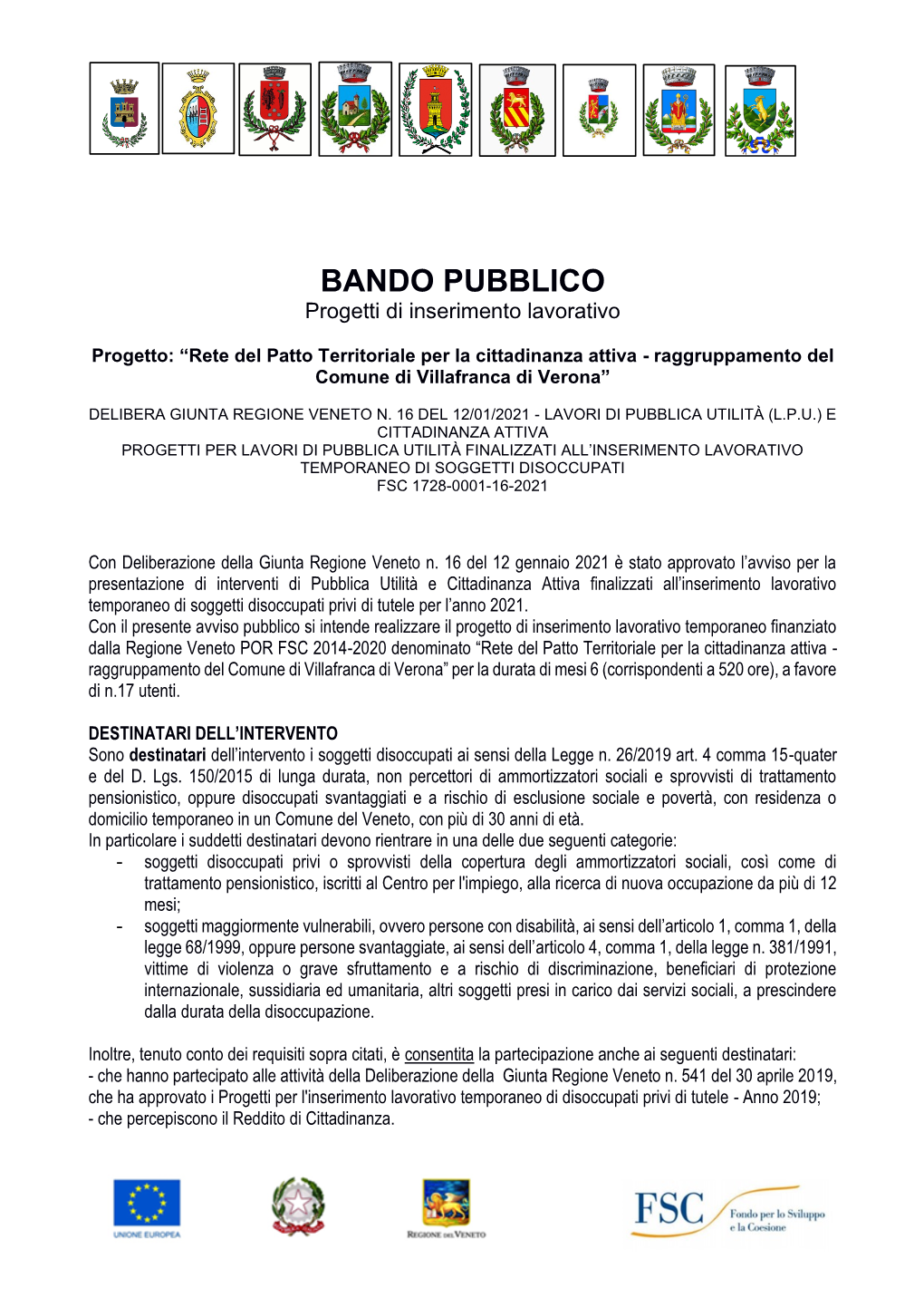 BANDO PUBBLICO Progetti Di Inserimento Lavorativo