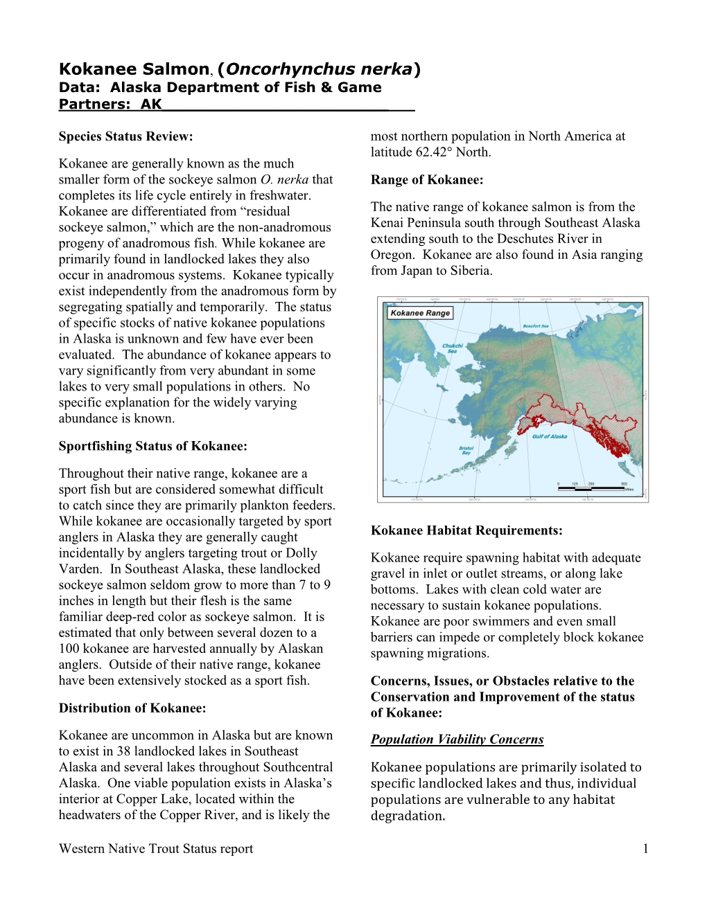 Alaskan Kokanee Species Status Report