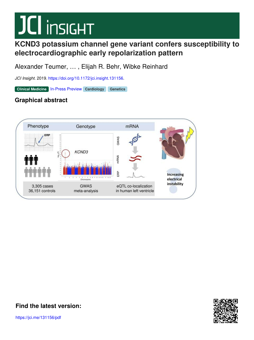 KCND3 Potassium Channel Gene Variant Confers Susceptibility to Electrocardiographic Early Repolarization Pattern