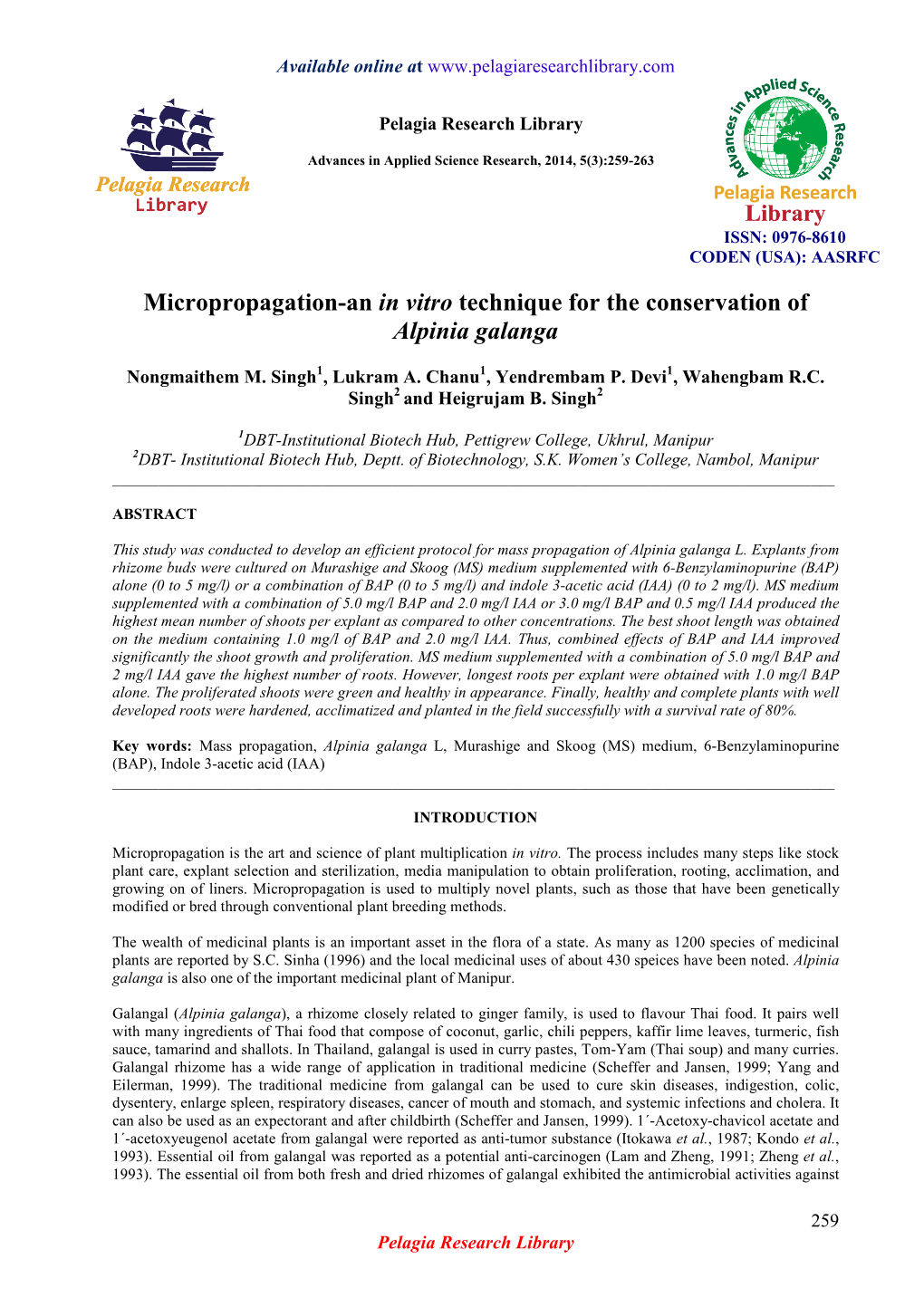 Micropropagation-An in Vitro Technique for the Conservation of Alpinia Galanga