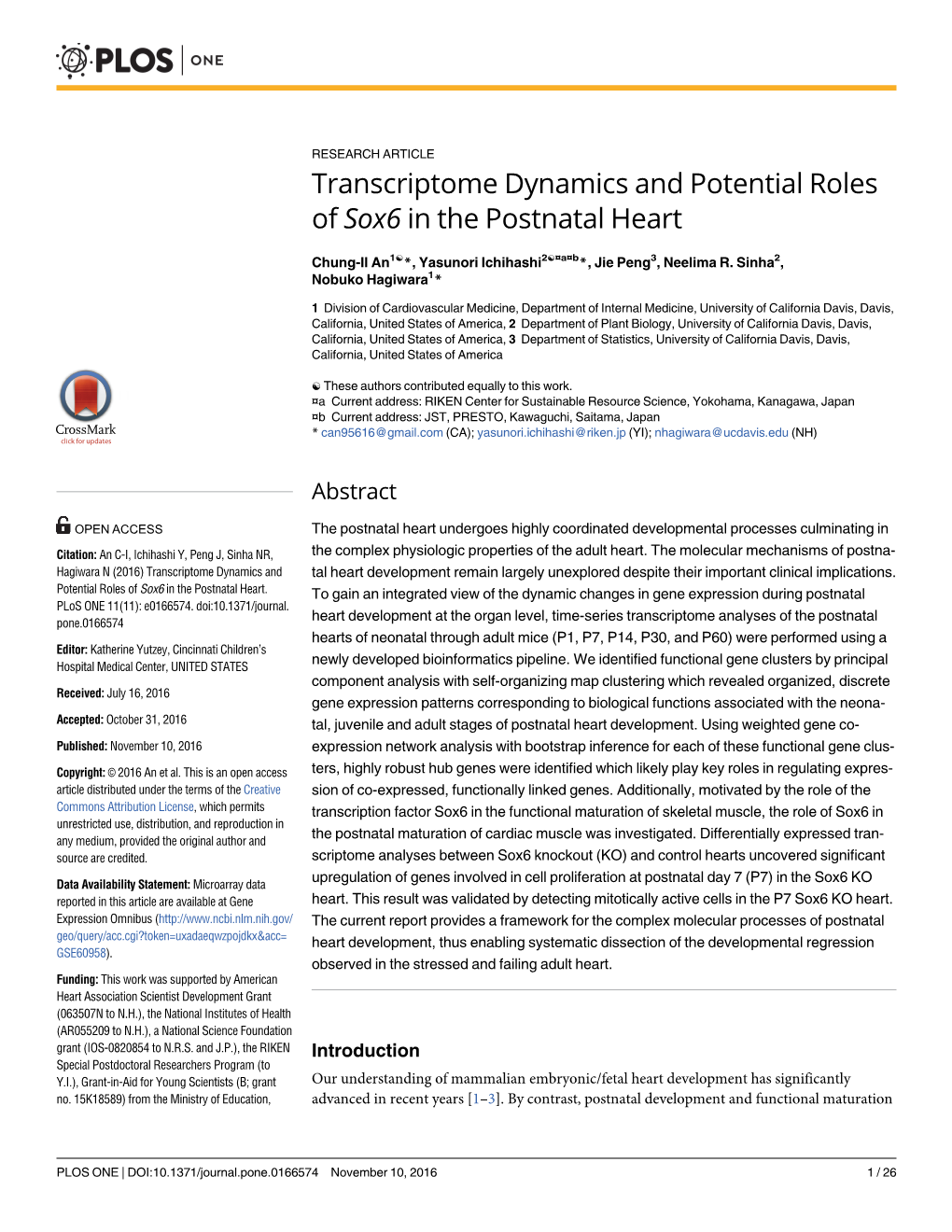 Transcriptome Dynamics and Potential Roles of Sox6 in the Postnatal Heart