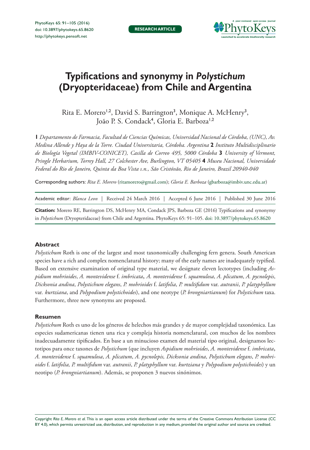 Typifications and Synonymy in Polystichum (Dryopteridaceae) from Chile and Argentina