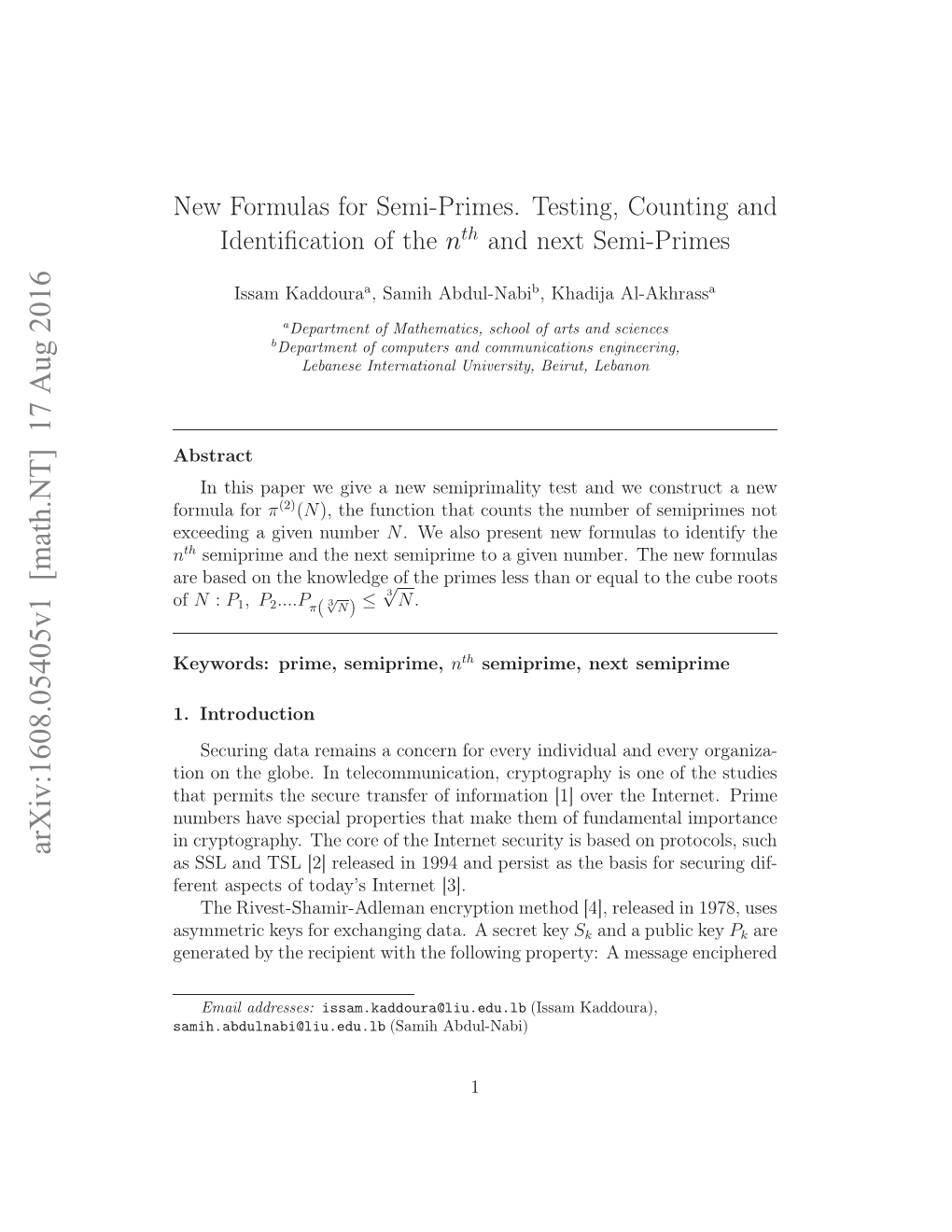 New Formulas for Semi-Primes. Testing, Counting and Identification