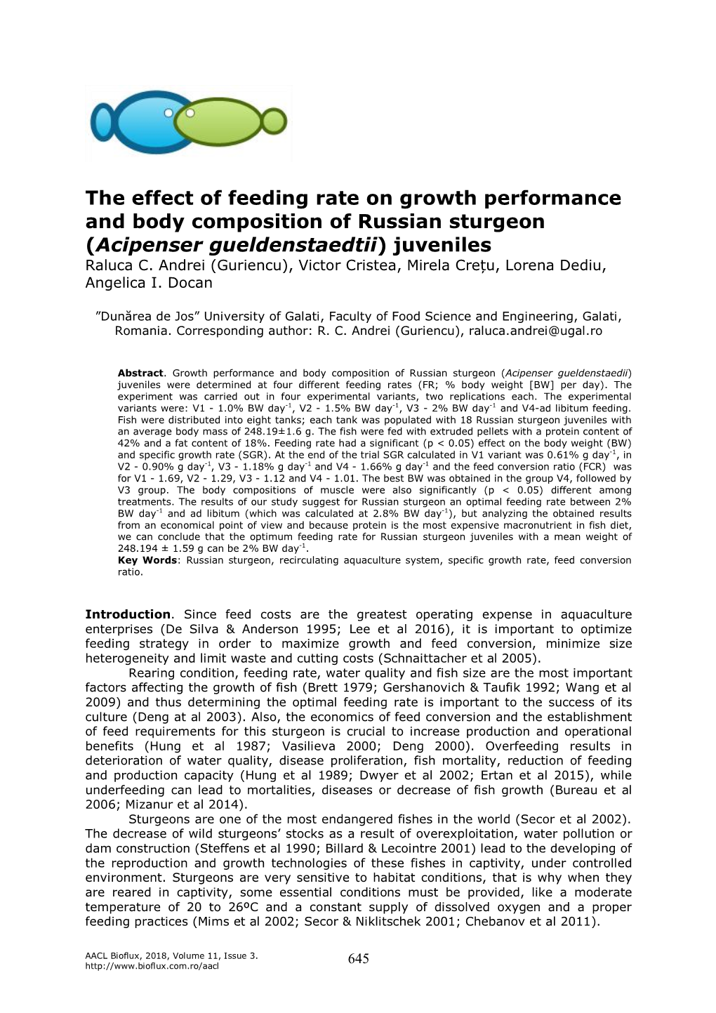 The Effect of Feeding Rate on Growth Performance and Body Composition of Russian Sturgeon (Acipenser Gueldenstaedtii) Juveniles Raluca C