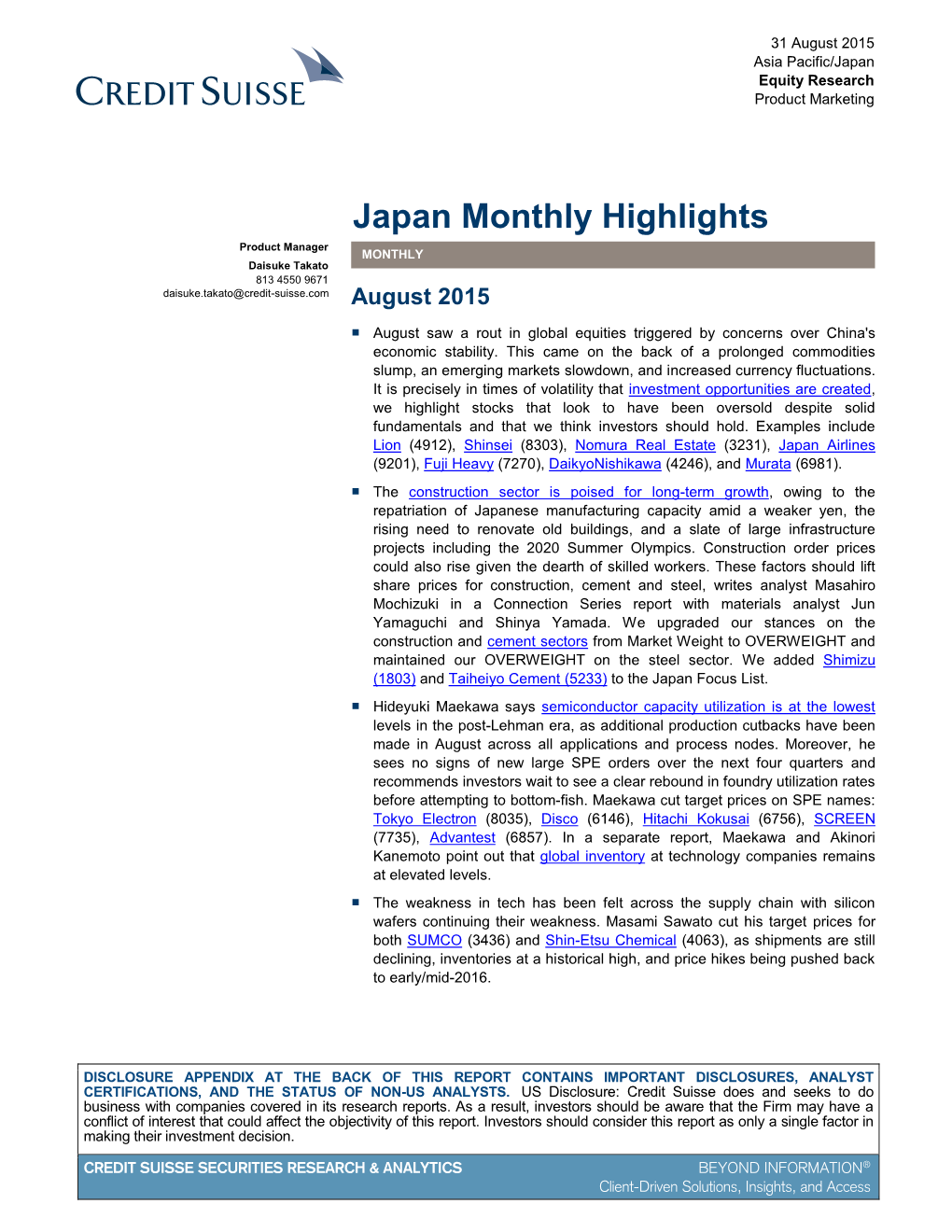Japan Monthly Highlights Product Manager MONTHLY