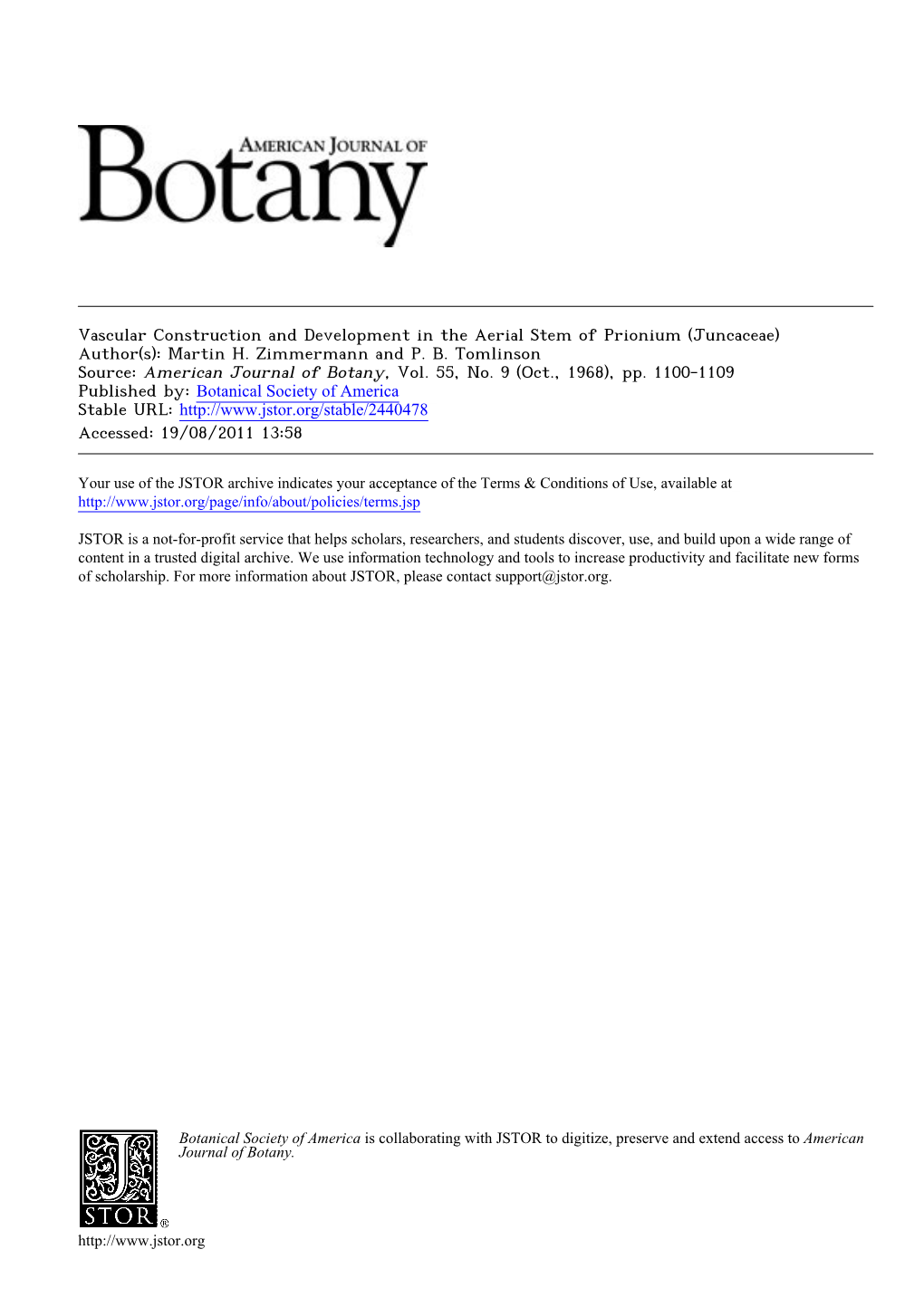 Vascular Construction and Development in the Aerial Stem of Prionium (Juncaceae) Author(S): Martin H